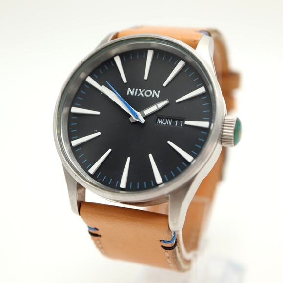 Nixon The Sentry Mens Day Date 42mm Watch Black Blue Brown Leather w New Battery - Picture 1 of 13